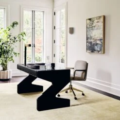 Perno 2-Drawer High-Gloss Black Oak Wood Desk -Cb2 CB2SP23 02B Hero 1