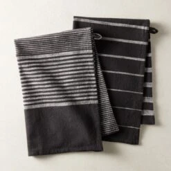 Cafe Organic Cotton Black Striped Dish Towels Set Of 2