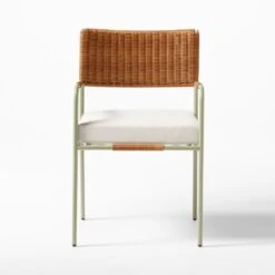 Colombe Green Metal And Rattan Outdoor Dining Armchair With Ivory Sunbrella® Cushion -Cb2 ColombeVertDiningChairSOSSS23