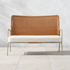 New Arrival 21 Colombe Green Metal And Rattan Outdoor Loveseat With Ivory Sunbrella® Cushions