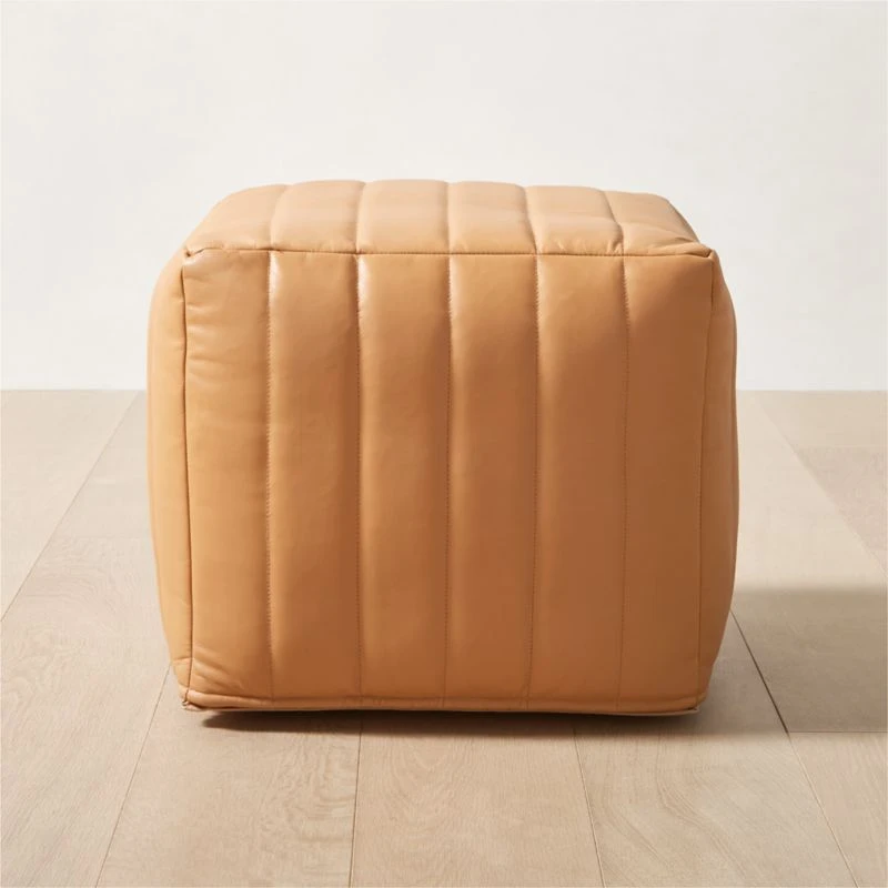 Groove Channeled Saddle Leather Pouf 1 Groove Channeled Saddle Leather Pouf