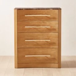 Kingsbury Tall 4-Drawer Curved Oak Wood Dresser With Marble Top