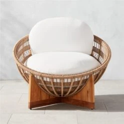 Masha Rattan And Teak Outdoor Lounge Chair With White Sunbrella® Cushions