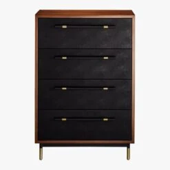 Oberlin Tall 4-Drawer Black Leather And Wood Dresser -Cb2 OberlinTallChestS18