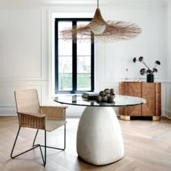 Silla En Mimbre Wicker Dining Armchair -Cb2 StoneIvoryRoundDiningTableAG21 1x1